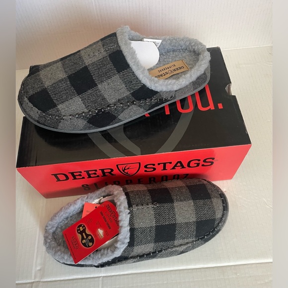 Deer Stags Black/Gray Plaid Indoor - Outdoor Slippers Sz(10)